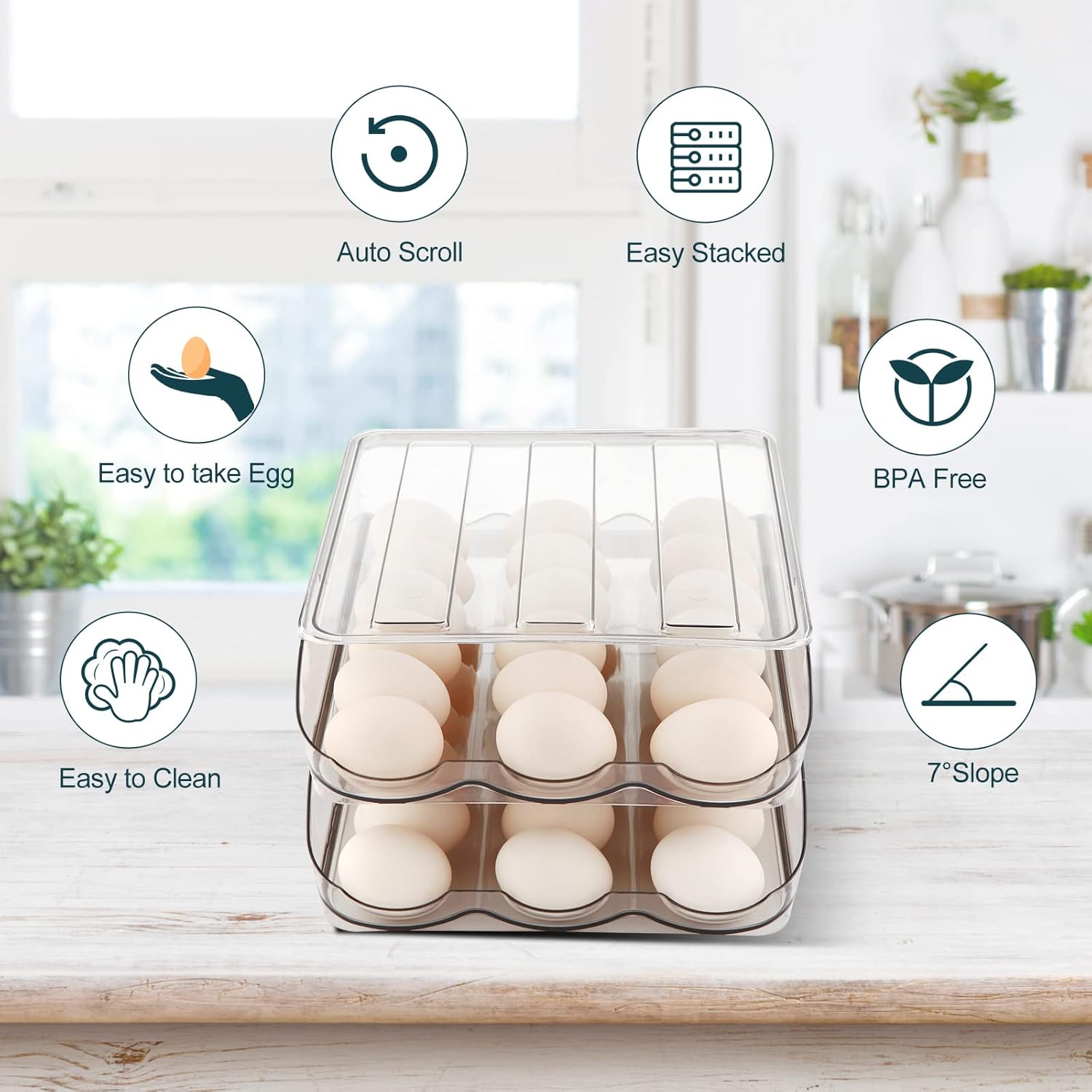 Egg Holder for Fridge, Automatically Rolling Egg Storage Container for Refrigerator,Large Capacity Egg Organizer for Fridge with Lid,Clear Plastic Dispenser, Tray & Bin -1 Layer