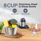GANIZA Food Processors, Electric Chopper with Meat Grinder & Veggie Chopper - 2 Bowls with Powerful Copper Motor - Includes 2 Sets of Bi-Level Blades for Baby Food/Meat (Blue, 8 Cup+8 Cup)