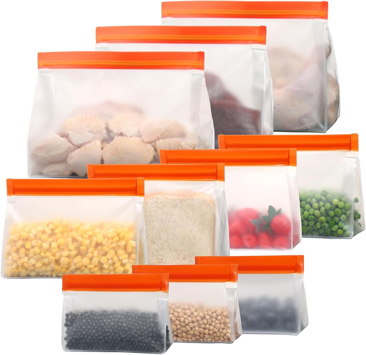 iSPECLE 10 Pack Freezer Bags - 3 Pack Gallon Bags 4 Pack Sandwich Bags 3 Pack Snack Bags BPA-Free Reusable Freezer Bags with Stand-Up Bottom and Label, Leakproof to Keep Frozen Food Fresh, Orange