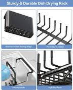 Small Dish Drying Rack in Sink, Expandable Dish Drainer Over Sink with Silicone Drying Tray, Compact Dish Rack for Kitchen Counter with Utensil Holder, Drying Rack Organize Small Space, Black