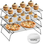 SHOUNAJIA Cooling Rack for Cooking and Baking, 3-Tier Stackable Wire Cooling Rack with Legs for Cooling Cookie, Pizza, Cake, Round Baking Paper 100 Pcs, 16" x 10", M