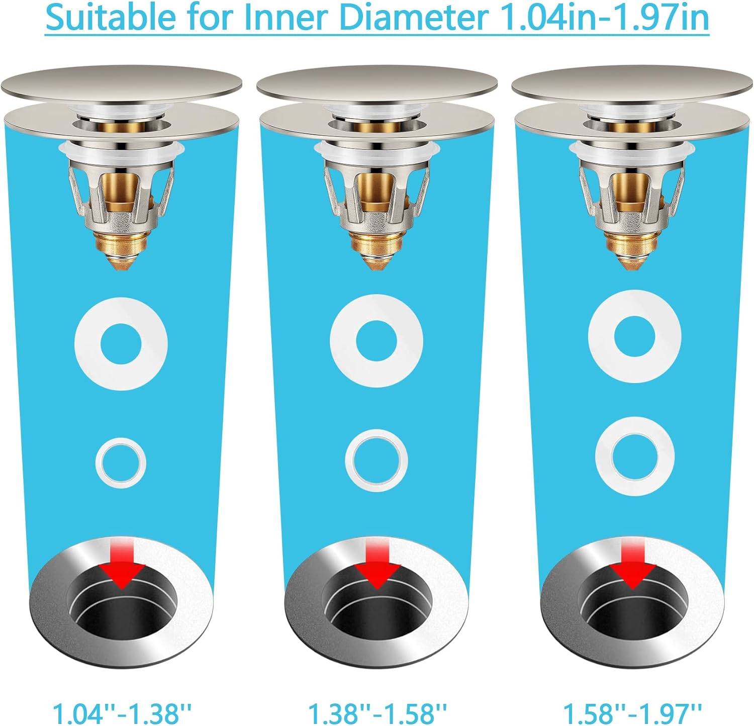 Universal Bathroom Sink Stopper in Brass, 1.04-1.97 Inch Pop Up Basin Sink Drain Stopper, Sink Drain Strainer with Anti Clogging Filter Hair Catcher, Large Lid Brushed Nickel