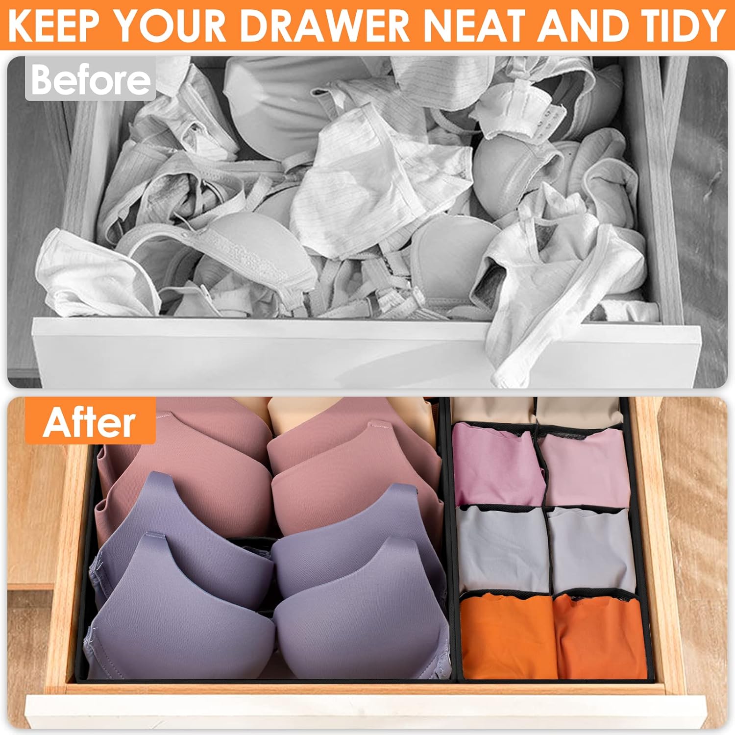 6 Pack Sock Underwear Drawer Organizer Dividers, 58 Cell Foldable Fabric Dresser Closet Organizers and Storage Bins for Clothing, Baby Clothes, Bra, Panty, Scarf, Ties (Black)