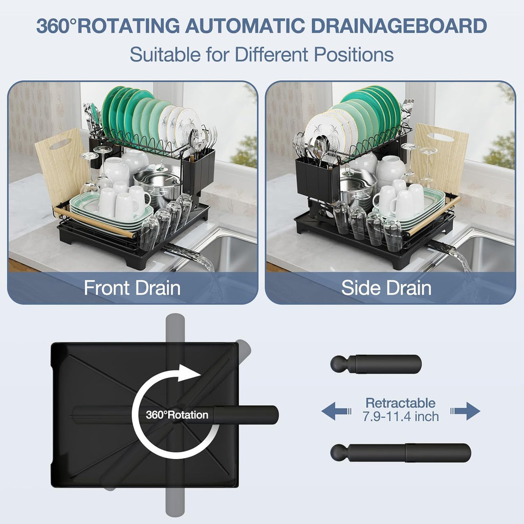 2 Tier Dish Drying Rack, Large-Capacity Dish Rack for Kitchen Counter, Anti-Rust Dish Strainer Rack with Drainboard Set, Kitchen Organizer with Cup Holder, Utensil Holder, Cutting-Board Holder