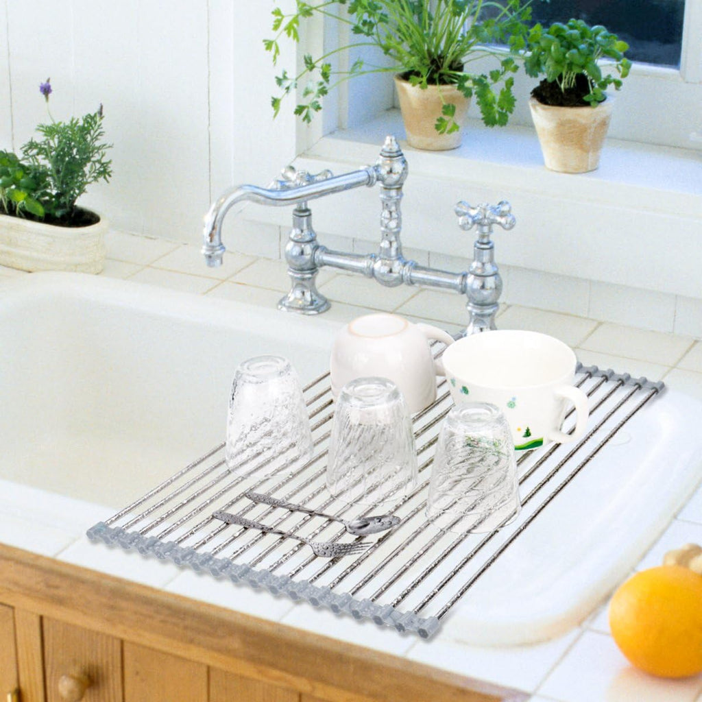 Roll Up Dish Drying Rack 20.5"(L) x 13.8"(W) - Stainless Steel and Silicone Dish Drying Mat Over The Sink Foldable Drain Rack Multipurpose Dish Drainer Extra Large, Gray