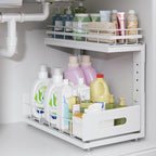 1 Pack Under Sink Organizer Upgrade To Professional Rails,2-Tier Dual Pull Out Cabinet Storage,Height Adjustable Slide Out Drawers For Bathroom Kitchen,Under Sink Shelf-White