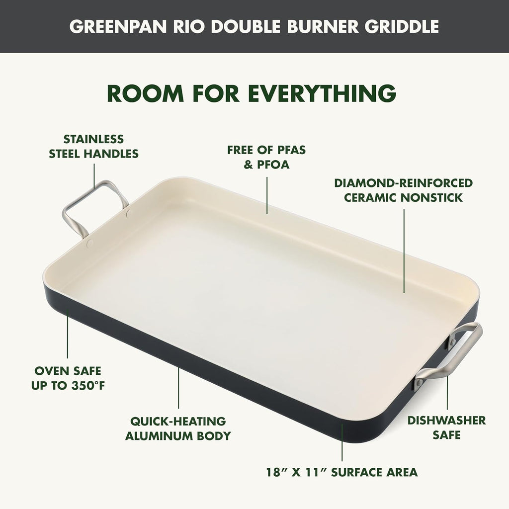 GreenPan 18" x 11" Double Burner Griddle Pan, Hard Anodized Healthy Ceramic Nonstick PFAS-Free, Stainless Steel Handles, Stovetop Cooking, Dishwasher Safe, Oven & Broiler Safe Cookware, Black