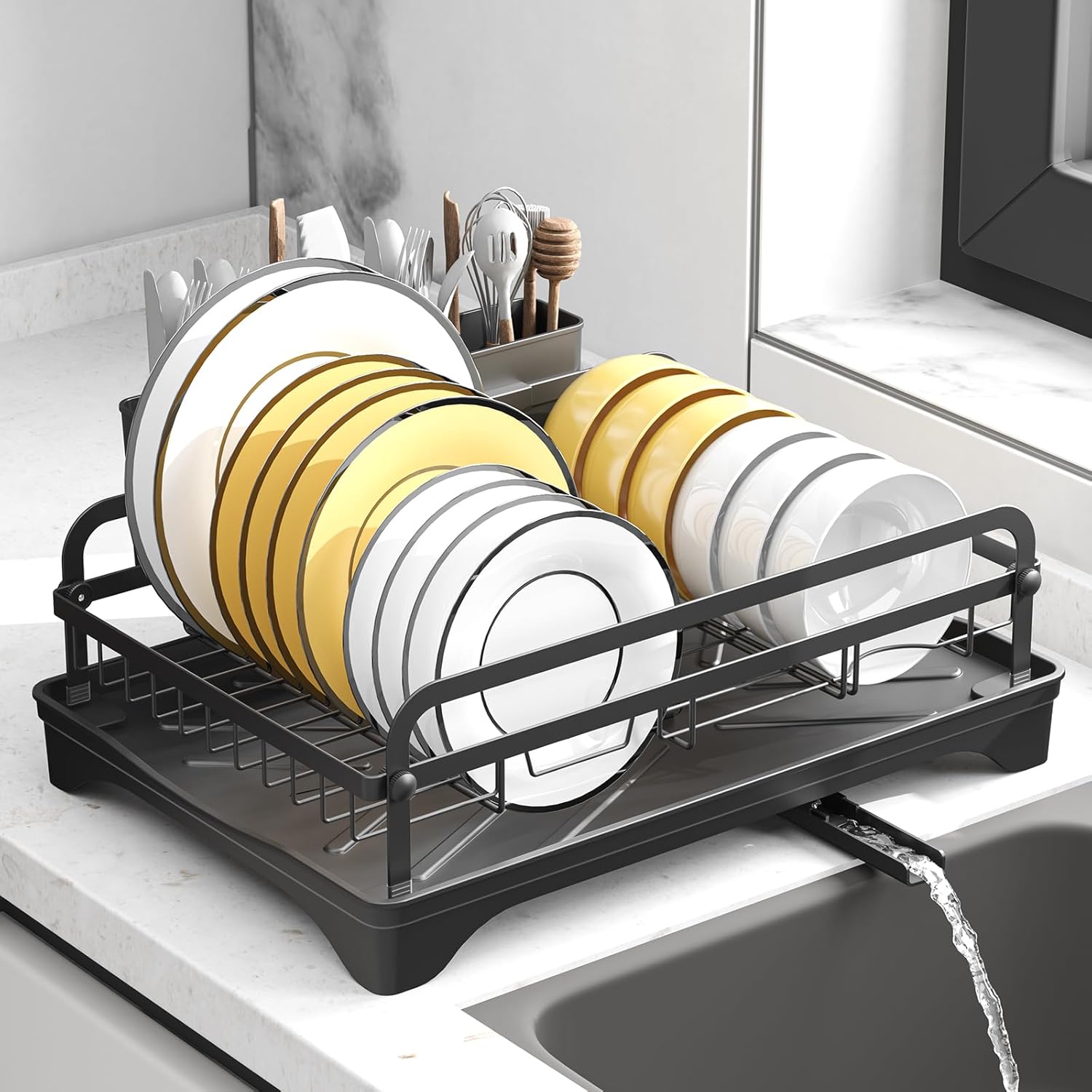 Dish Drying Rack for Kitchen Counter, Large Dish Drying Rack with Utensil Holder & Cutlery Tray, Dish Drainer with Drainboard, Black