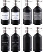 16oz Glass Soap Dispenser with Stainless Steel Pump, 21 Waterproof Labels, Non-Slip Protective Silicone Pad, Set of 2 for Bathroom & Kitchen (Matte Black Bottle/Brushed Silver Pump)