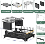 2 Tier Dish Drying Rack, Drying Rack with Automatic Drainboard, Dish Racks for Kitchen Counter, Rustproof Dish Drainer with Removable Utensil Holder, Cups Holder,Black