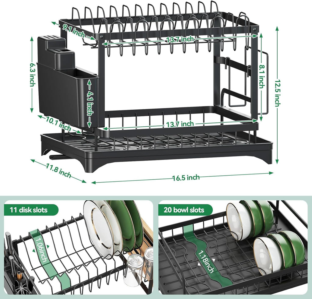 2-Tier Dish Drying Rack with Drainboard, Sink & Countertop Metal Dish Rack Organizer, Dish Drainers for Kitchen Counter, Black