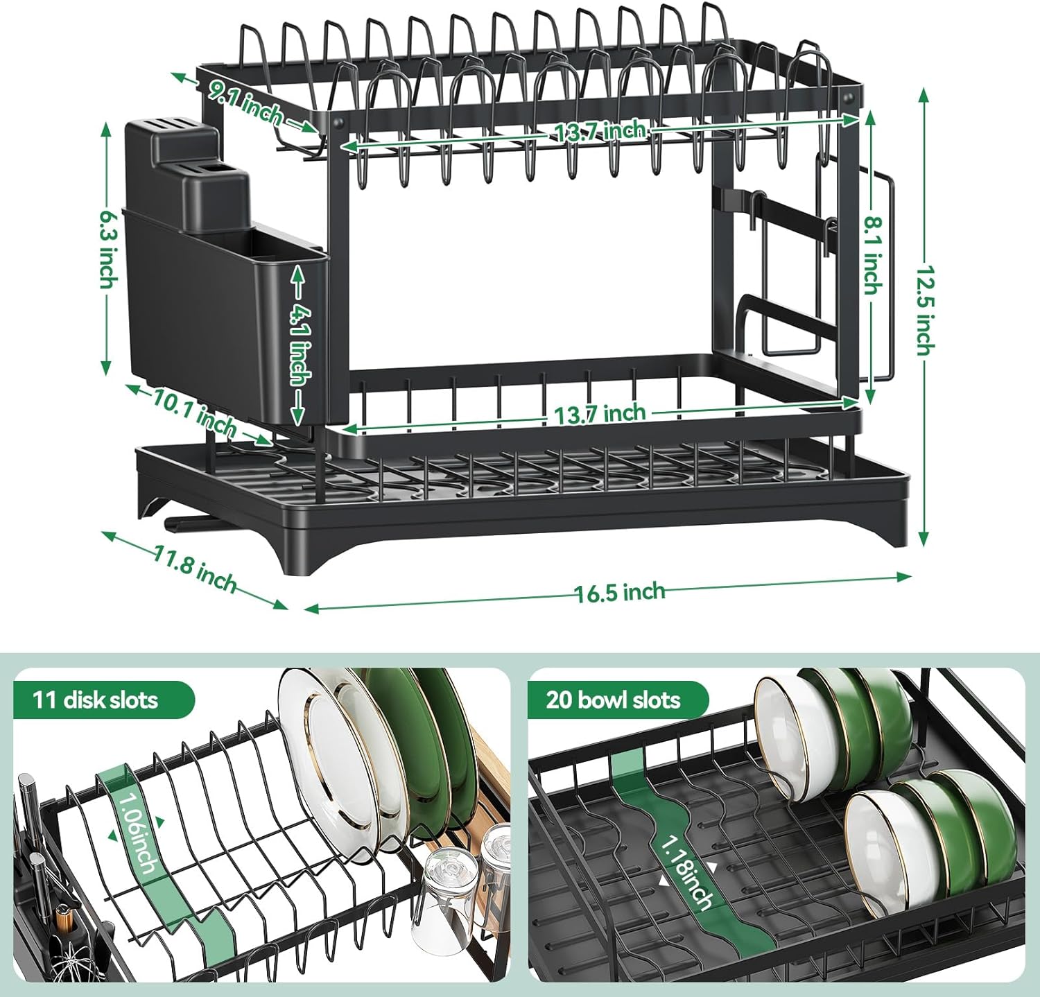 2-Tier Dish Drying Rack with Drainboard, Sink & Countertop Metal Dish Rack Organizer, Dish Drainers for Kitchen Counter, Black