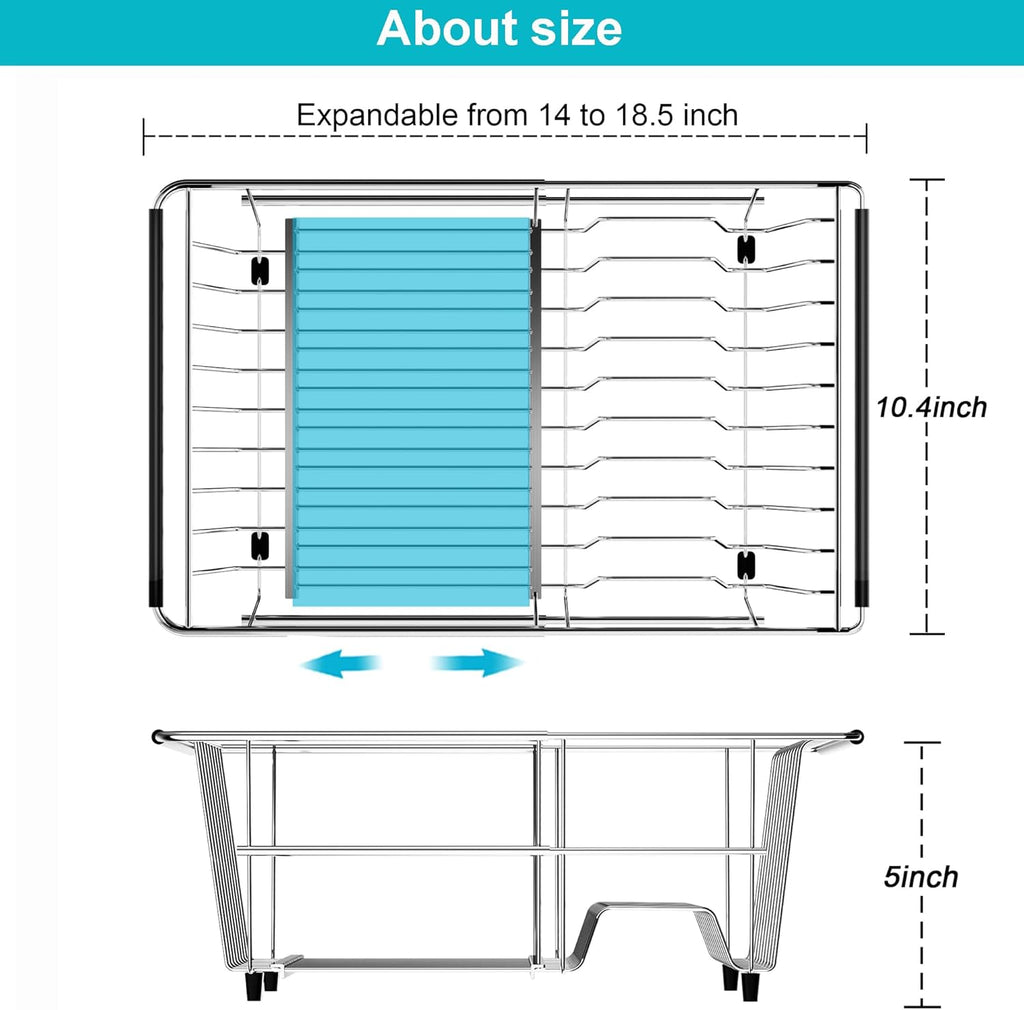 iPEGTOP Capacity Expandable Over Sink Dish Drying Rack, Multifunctional Adjustable (14"-18.5") Rustproof Stainless Steel Dish Drainer Organizer Shelf with Utensil Holder for Kitchen Counter Sink