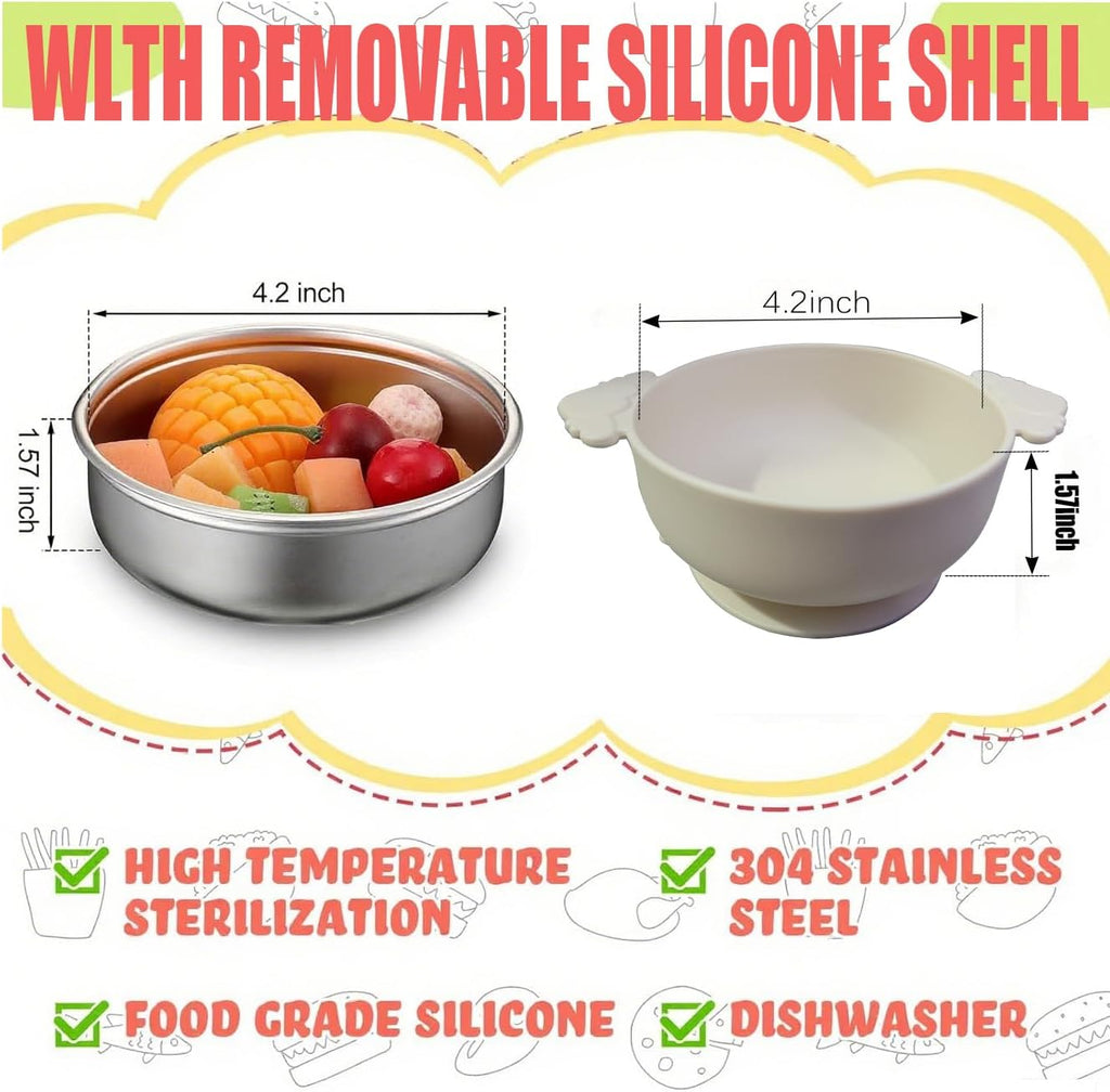 6 Pack Stainless Steel Bowls,suction two-in-one, BPA-free detachable silicone sleeve, anti-slip, heat-resistant, unbreakable, dishwasher safe, suitable for fruits, vegetables and rice