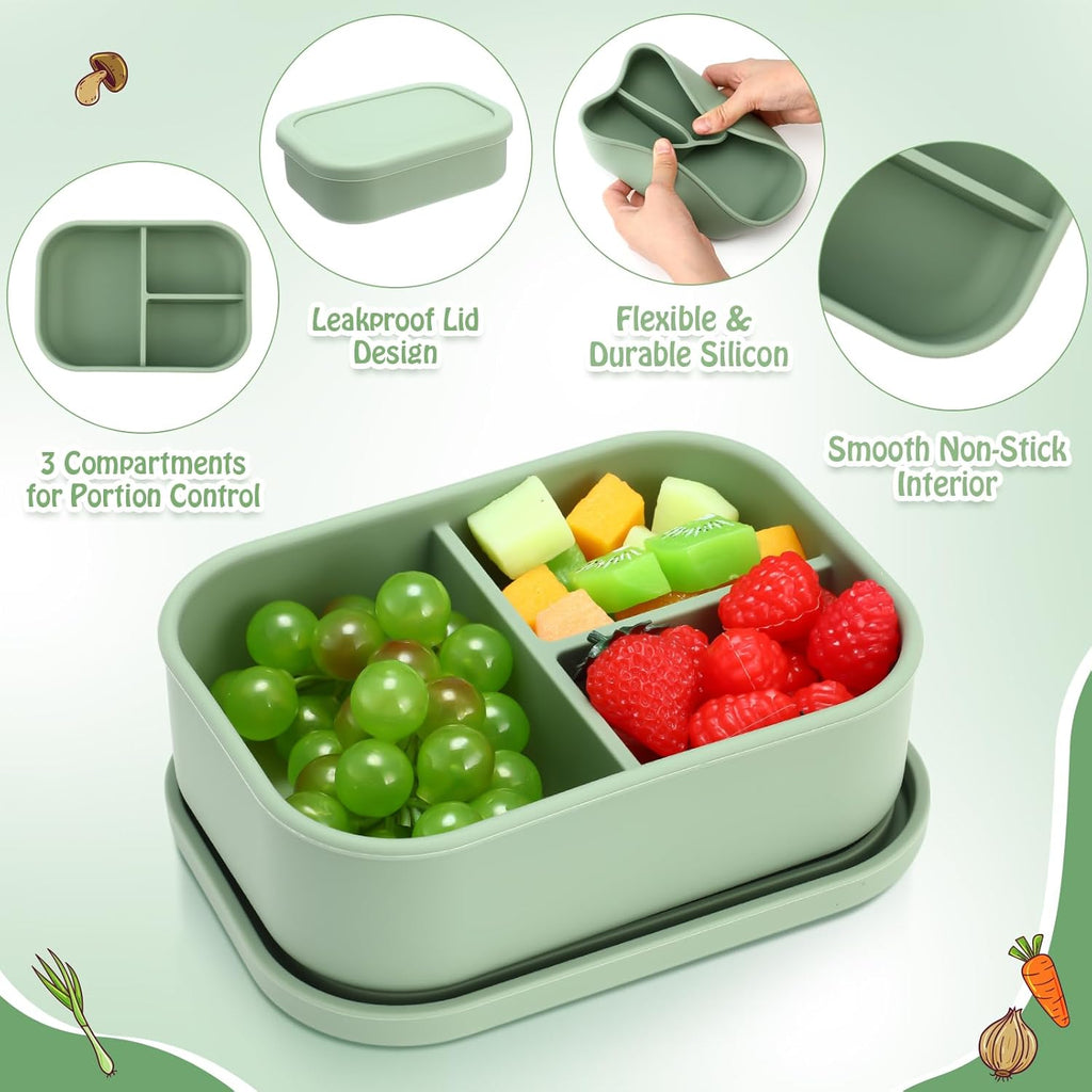 Honeydak 4 Pcs Silicone Bento Lunch Box 3 Compartment Reusable Leakproof Silicone Bento Lunch Container for Adults Microwave Dishwasher Freezer Safe(Olive Green)