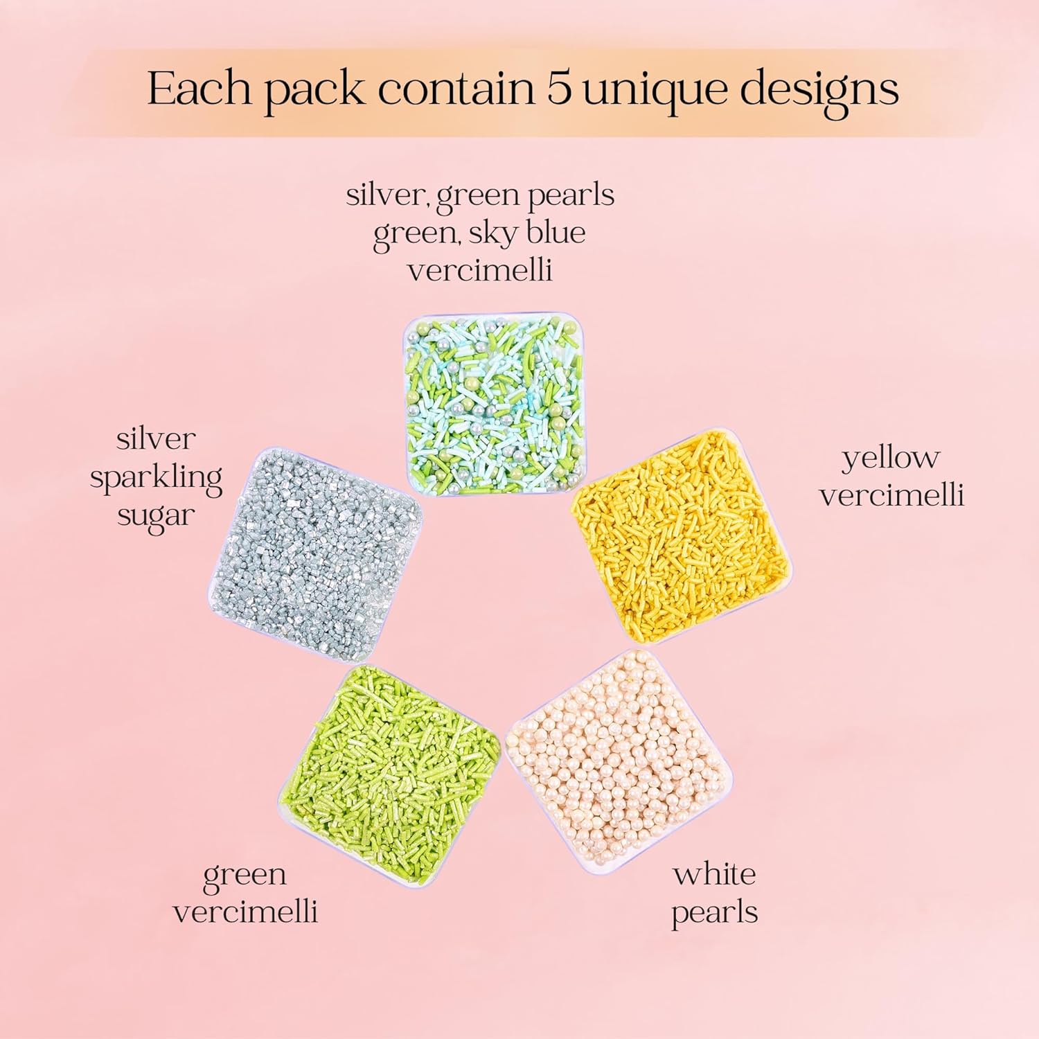 Confect Edible Sprinkles for Cakes & Cupcakes Decoration Assorted pack of 5 Summer Fun Sprinkles Mix White Dragees Green Yellow Blue Jimmies Silver Sparkling Sugar | Vegan, Gluten-Free, Nut-Free, Soy-Free, Dairy-Free, Palm Oil-Free - 5 Oz