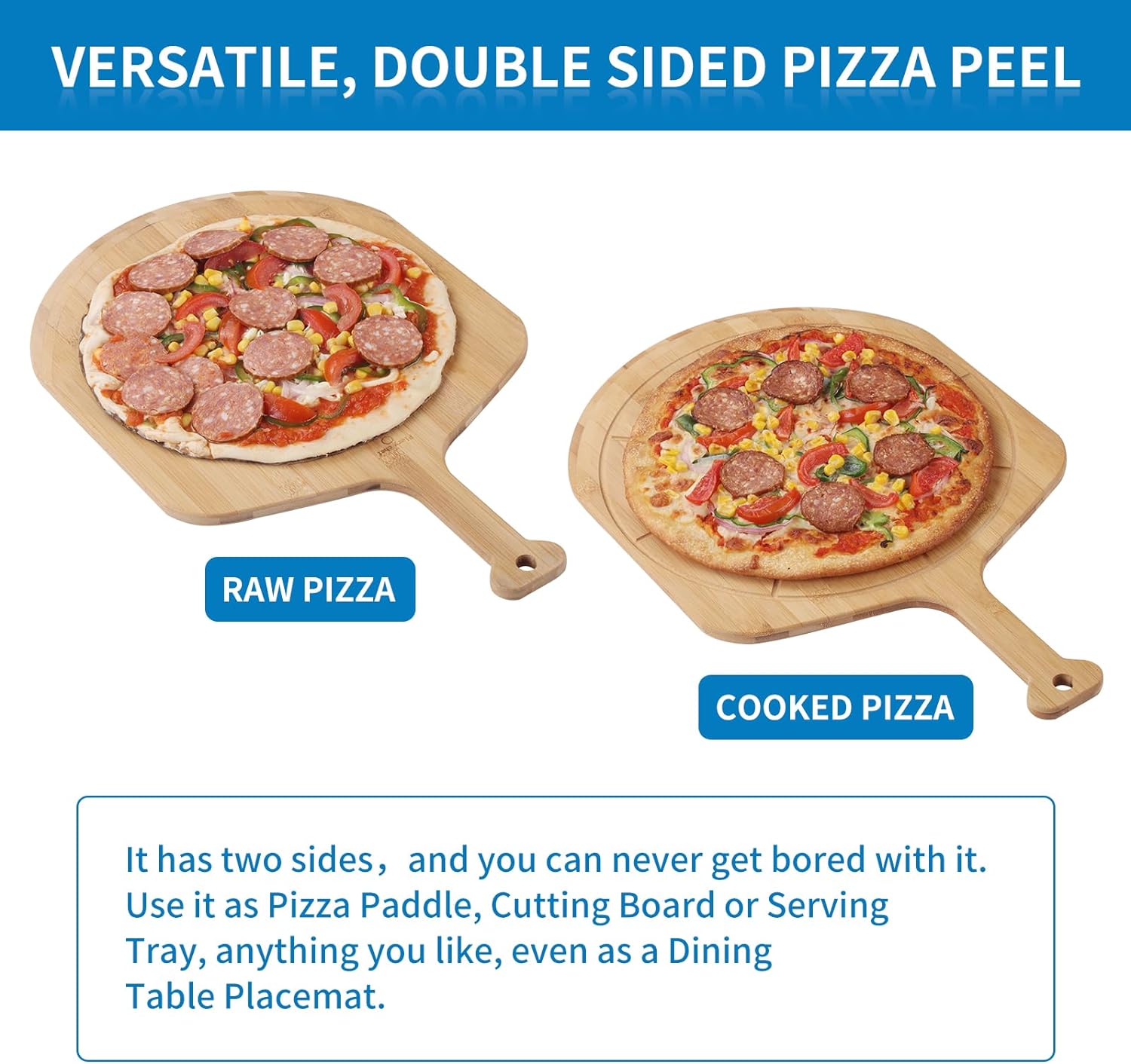 12” Bamboo Pizza Peel - Lightweight Smooth Wooden Pizza Paddle and Pizza Cutting Board with 8 Slice Grooves, Outdoor Pizza Oven Accessories, 17.3 Inch x 12.2 Inch