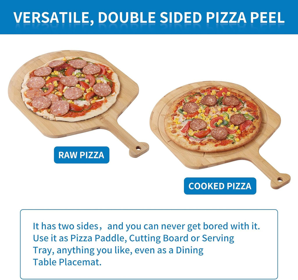 12.6” Bamboo Pizza Peel - Lightweight Smooth Wooden Pizza Paddle and Pizza Cutting Board with 8 Slice Grooves, Outdoor Pizza Oven Accessories, 19.7 Inch x 12.6 Inch