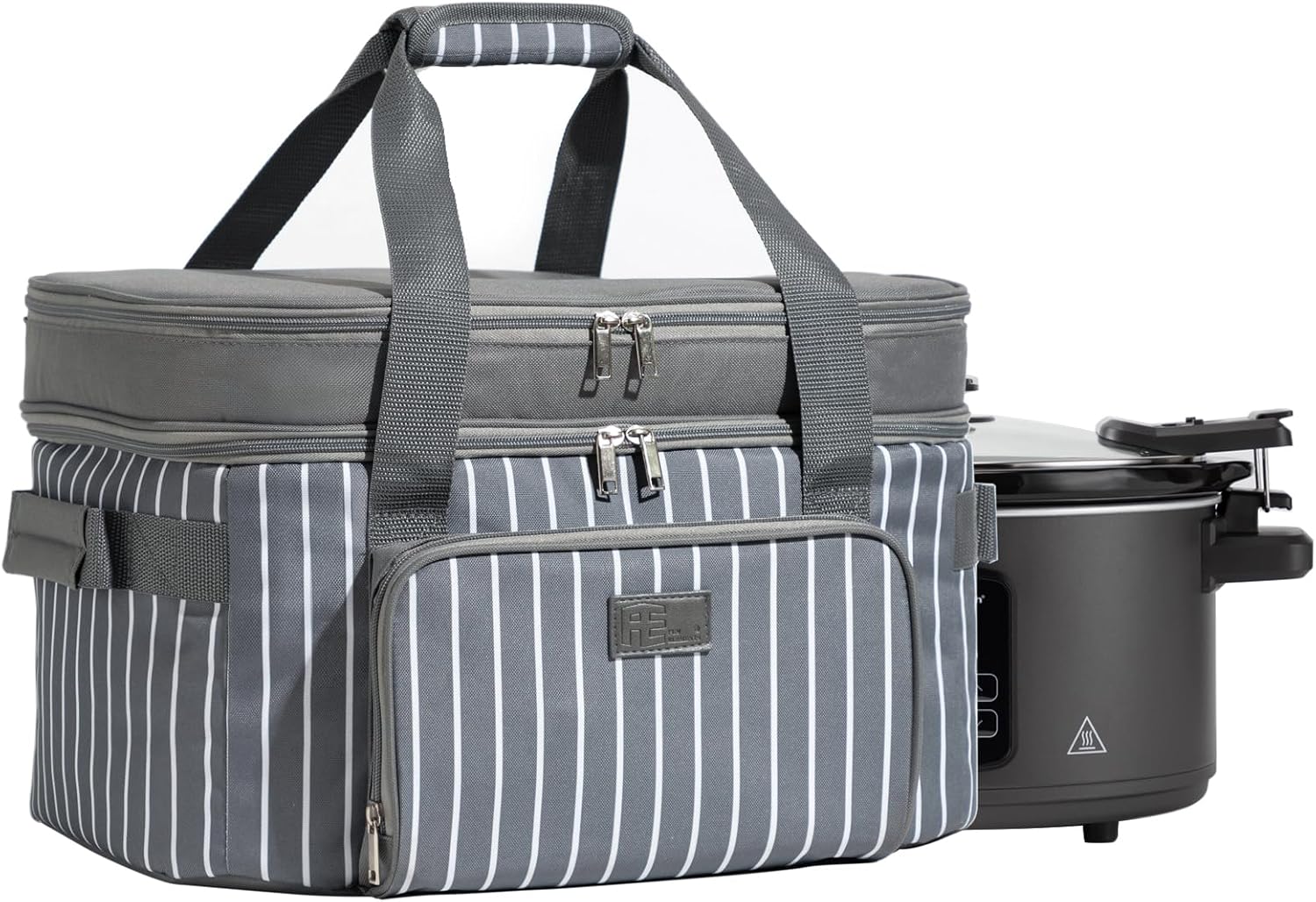 Fun Elements Double Layer Slow Cooker Carrier Bag for 6-8 Quart Oval Crock-Pot, Insulated Crock Pot Travel Bag with Support Pad and Adjustable Straps, Top Zip Compartment and Front Pocket for Utensils