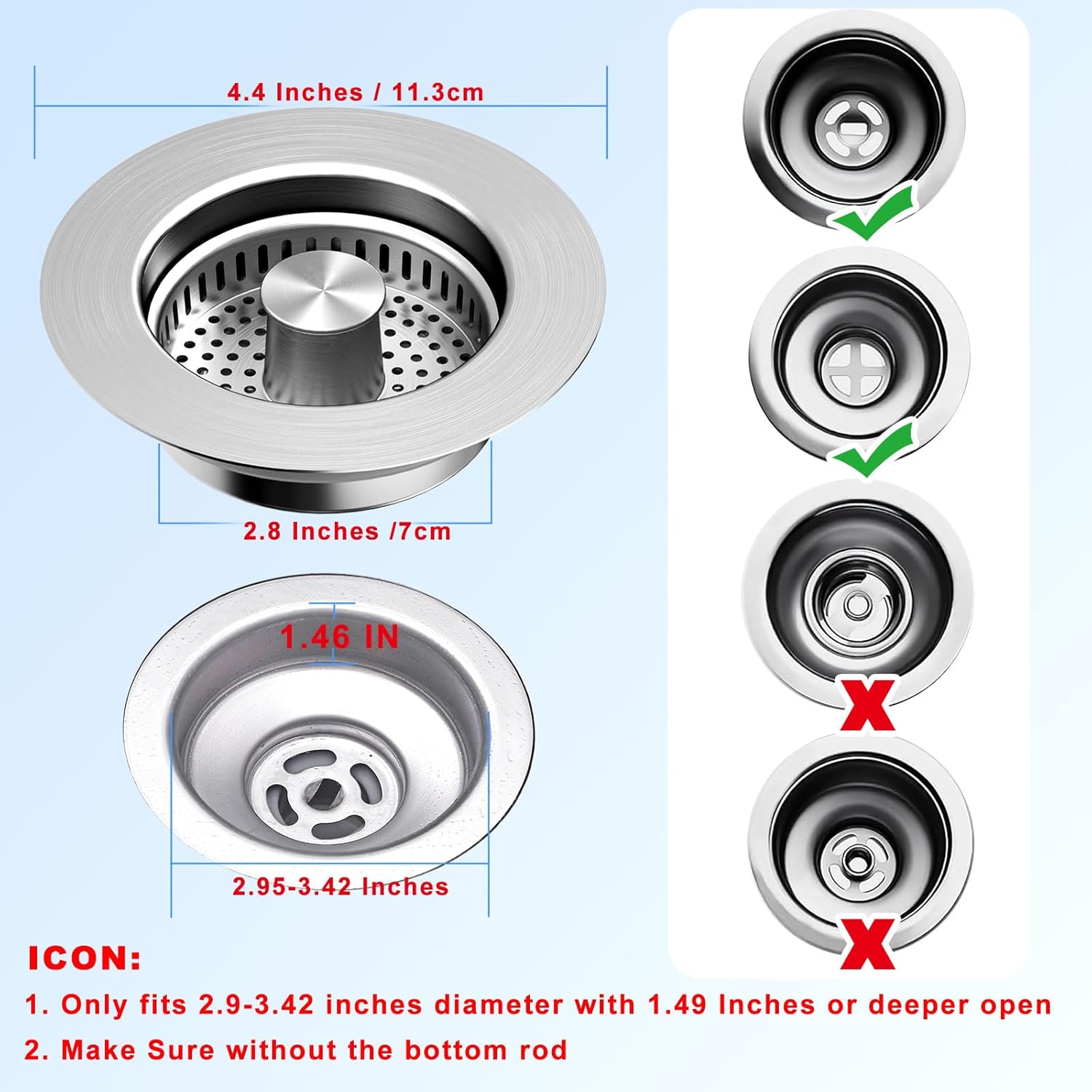 3-in-1 Kitchen Sink Drain Strainer & Stopper with Basket, Stainless Steel Drain Plug Cover Catcher for Food Waste - Sink Accessories for Home or Kitchen Sink Shroom Fit US Standard 3-1/2'' Drain Hole