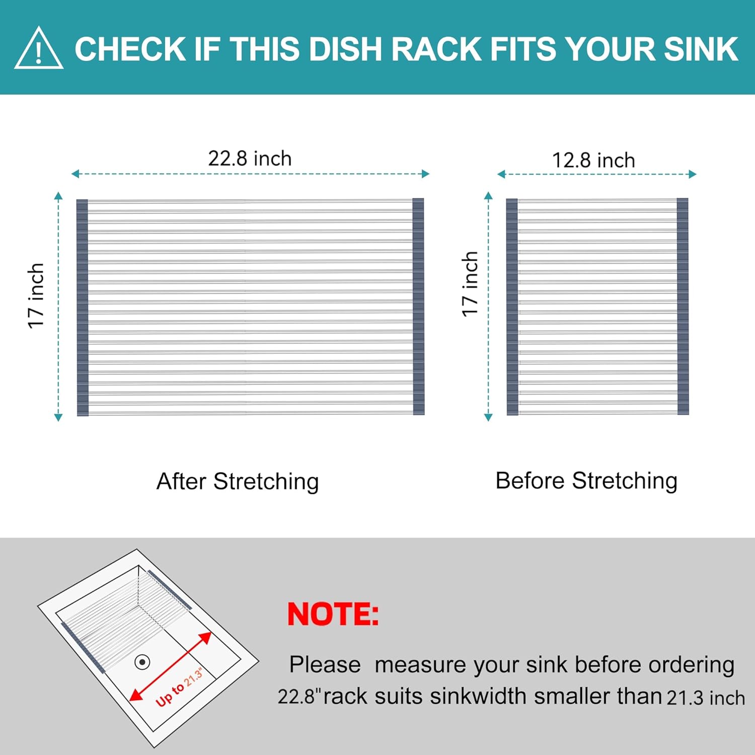 BBXTYLY Extra Large Expandable Roll Up Dish Drying Rack,Over The Sink Drying Rack Sink Cover Kitchen Sink Accessories Kitchen Rolling up Stainless Steel Drainer, Foldable,Rollable（Grey，22.8''-17''）