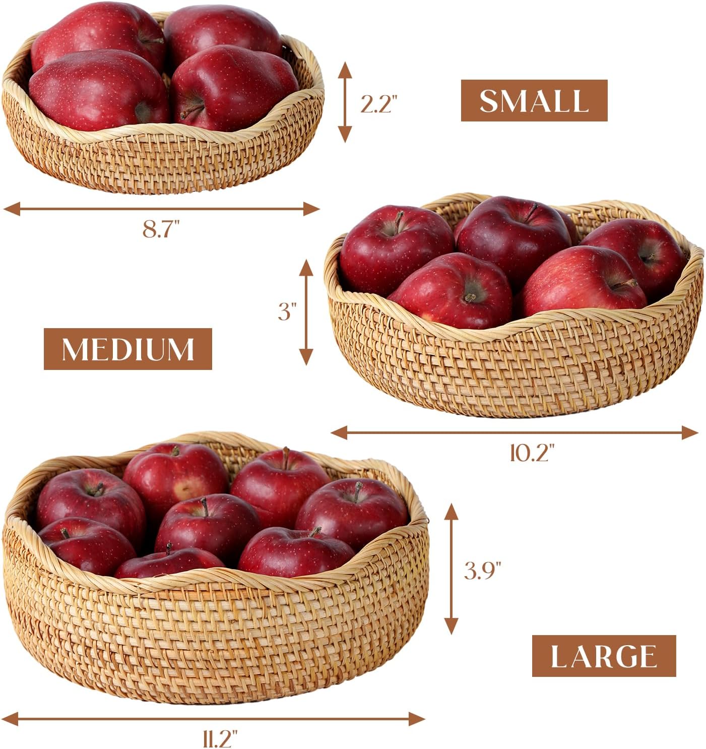 YANGQIHOME Rattan Bread Basket, Round Fruit Baskets, Scalloped Wicker Storage Bowls, Natural Woven Serving Basket Bowls, Decorative Baskets for Kitchen Counter Organizing, 1 Pack, M size