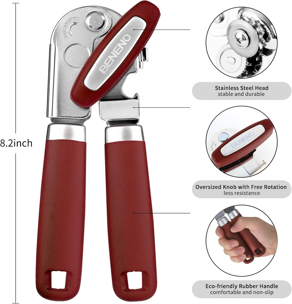 Beneno Can Opener Manual with Magnet, Hand Held Heavy Duty Can Opener with Durable Sharp Blade Smooth Edge, Big Effort-Saving Knob, Soft Grip Rubber Handle, Multifunctional Bottle Opener, Red