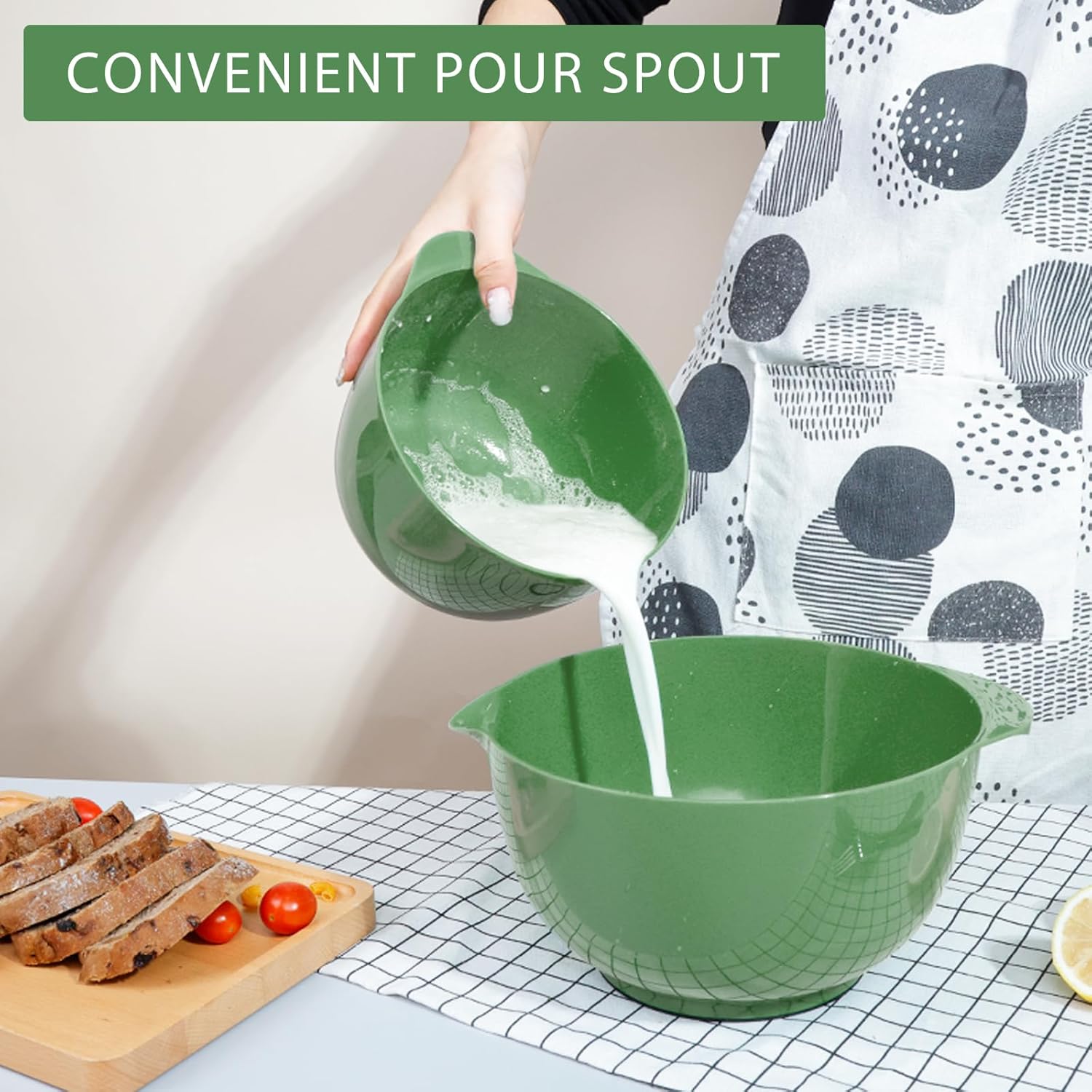 BoxedHome 4 Quart Large Plastic Mixing Bowls, Microwave Safe Mixing Bowl Set with Pour Spout, Nesting Bowls for Space Saving Storage(Grass Green)