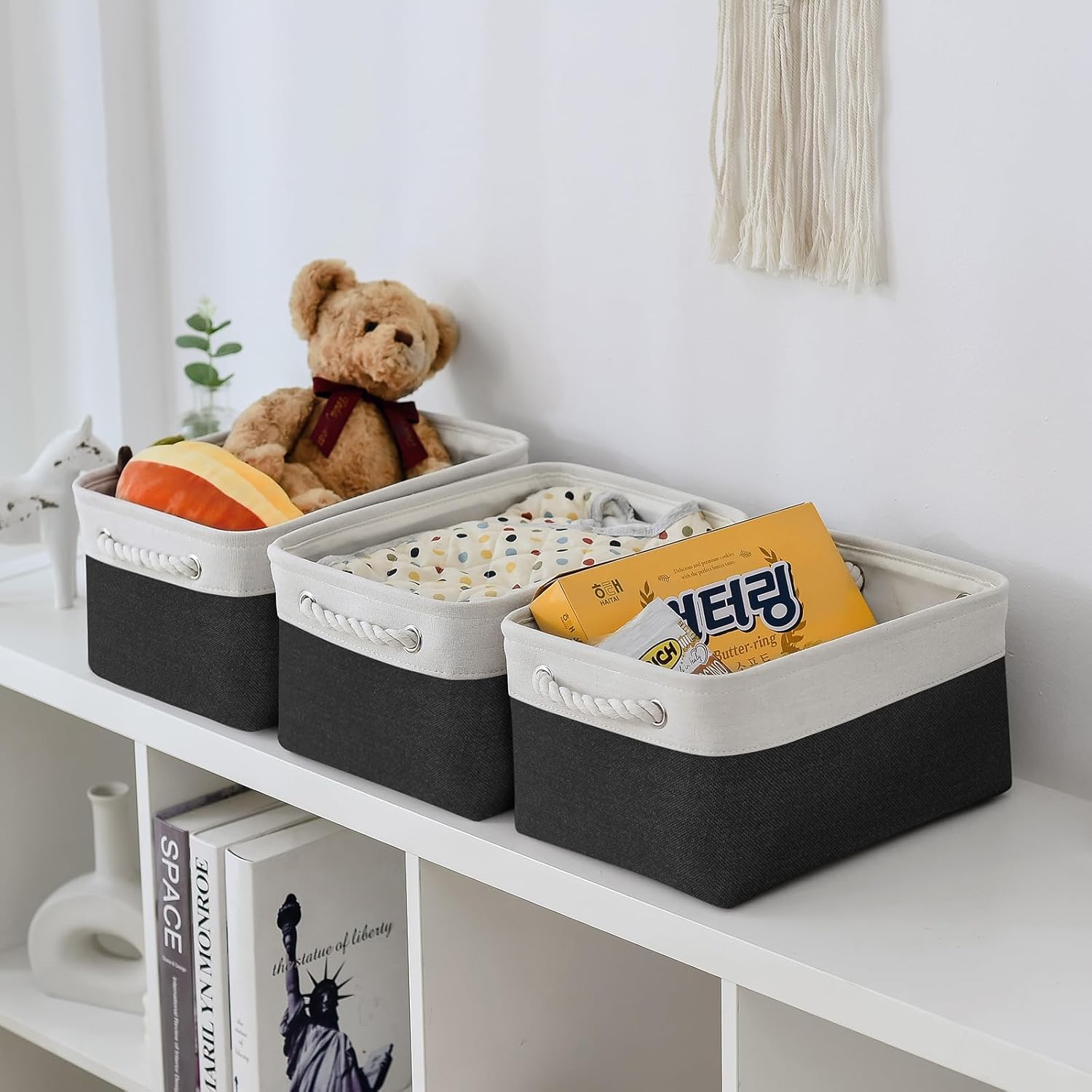 TheWarmHome Storage Bins for Shelves - 1 Pack 13.8x9.7x6.7 inch Storage Basket for Organizing for Closet Organizer Cubes Laundry Cloth Nursery (White & Black)