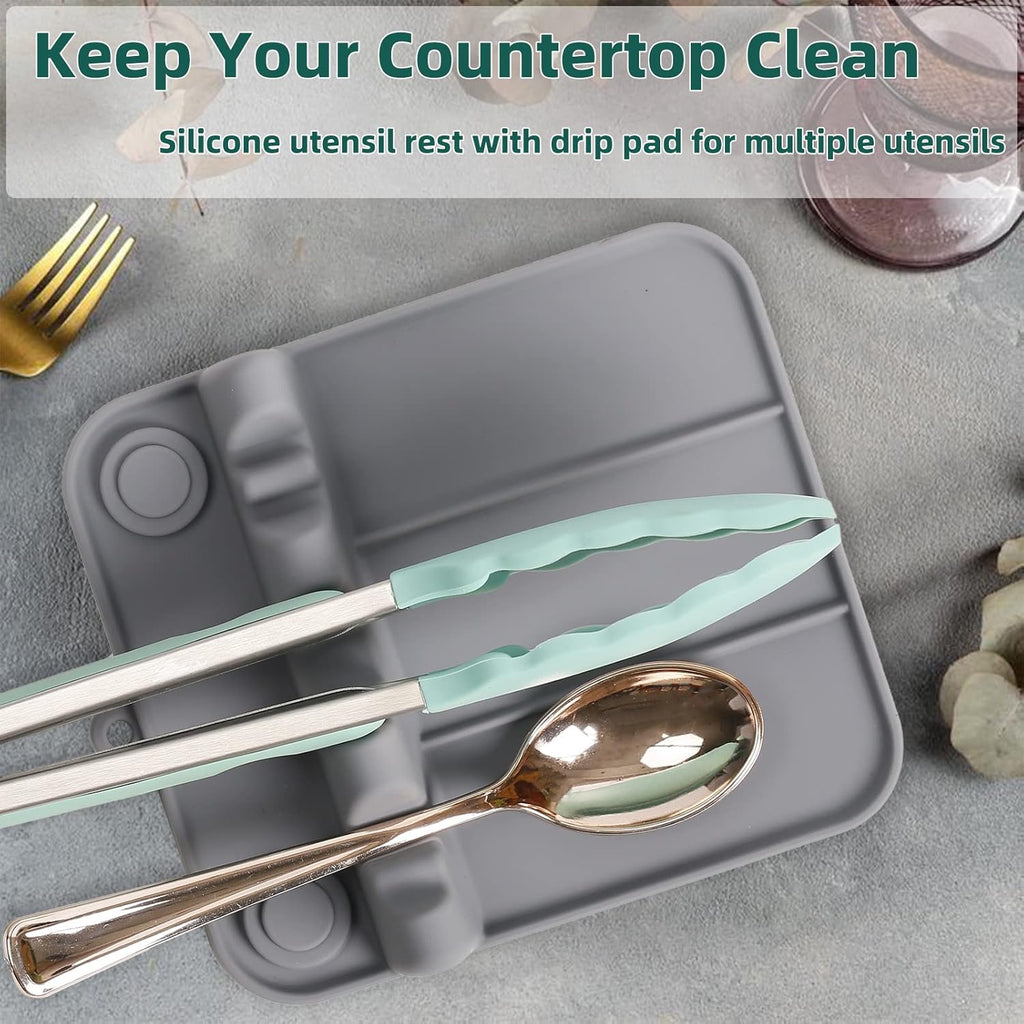 Spoon Rest, Silicone Spoon Holder for Stove Top with Drip Pad Suitable for Multiple Kitchen Gadgets, 3 Grooves Upgraded Utensil Rest for Kitchen Counter, Heat Resistant Dishwasher Safe Gray