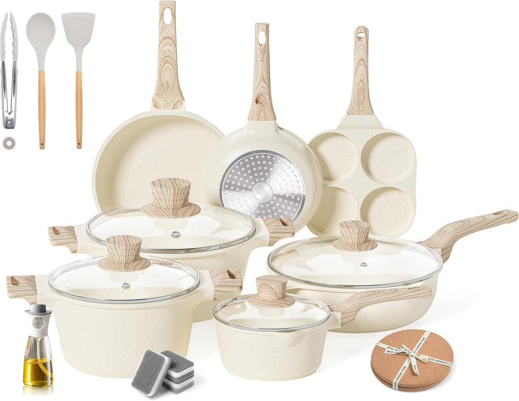 Caannasweis 20Pcs Cookware Sets, Nonstick Pots and Pans Set, Granite Induction Cookware, Non Stick Kitchen Cooking Set, Cream White Egg Pan Set, PFOS PFOA Free