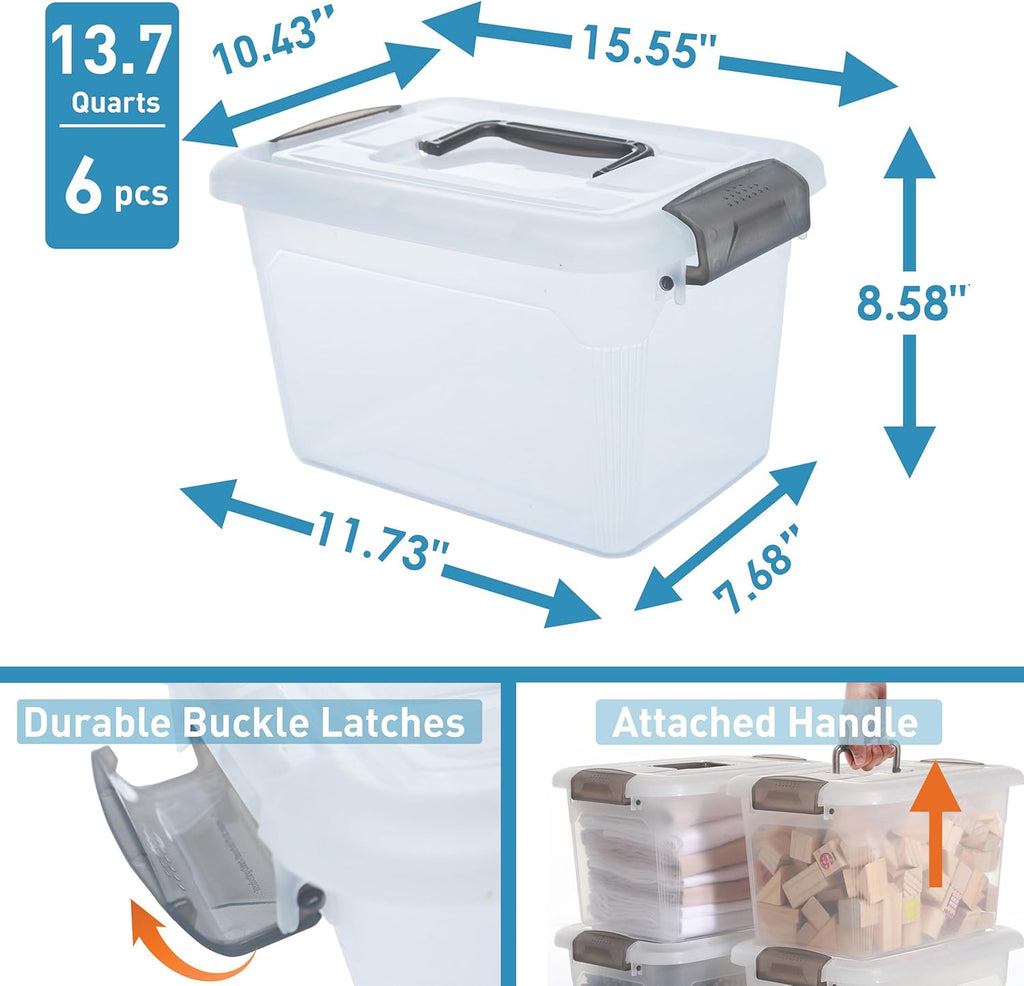 Citylife 6 Packs 13.7 QT Storage Bins with Lids Clear Plastic Bins with Grey Handle Stackable Storage Containers for Organizing