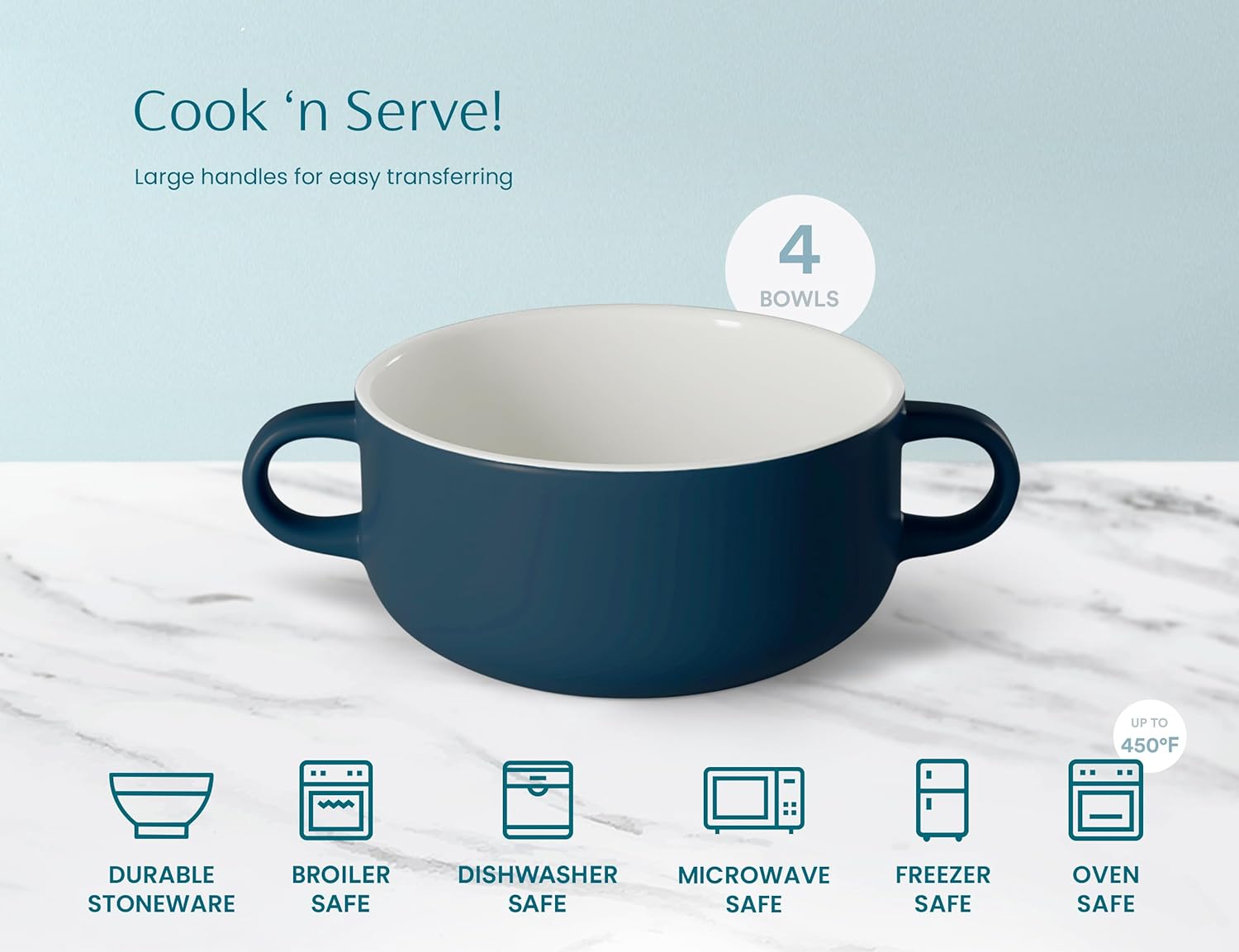 Kook Soup Crocks, Ceramic Bowls, Broil, Oven, Microwave and Dishwasher Safe, with Handles, For Casserole, Pasta, Cereal, 18 oz, Set of 4 (Navy)