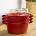 STAUB Cast Iron Set 4-pc, Stackable Space-Saving Cookware Set, Dutch Oven, Skillet, Grill Pan with Universal Lid, Made in France, Cherry