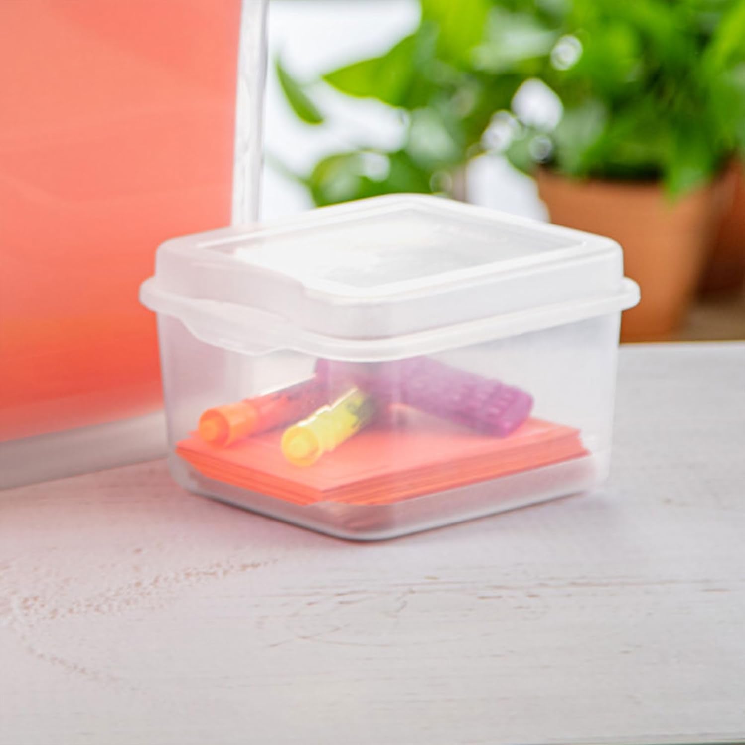 Sterilite FlipTop, Stackable Small Storage Bin with Hinging Lid, Plastic Container to Organize Desk at Home, Office, Clear, 24-Pack