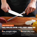 TUO Honing Steel, Sharpener Rod with Thicker Steel Core for Kitchen Knives Daily Sharpening Maintenance, High Carbon Steel, Ergonomic Handle, 8 inch