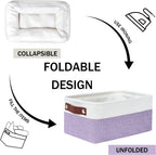 DULLEMELO Small Storage Baskets 6 Pack, Fabric Collapsible Gift Storage Baskets for Shelves, Closets, Nursery, Home, Office Organizing,Small Canvas Linen Rectangular Storage Bins (White&Purple)