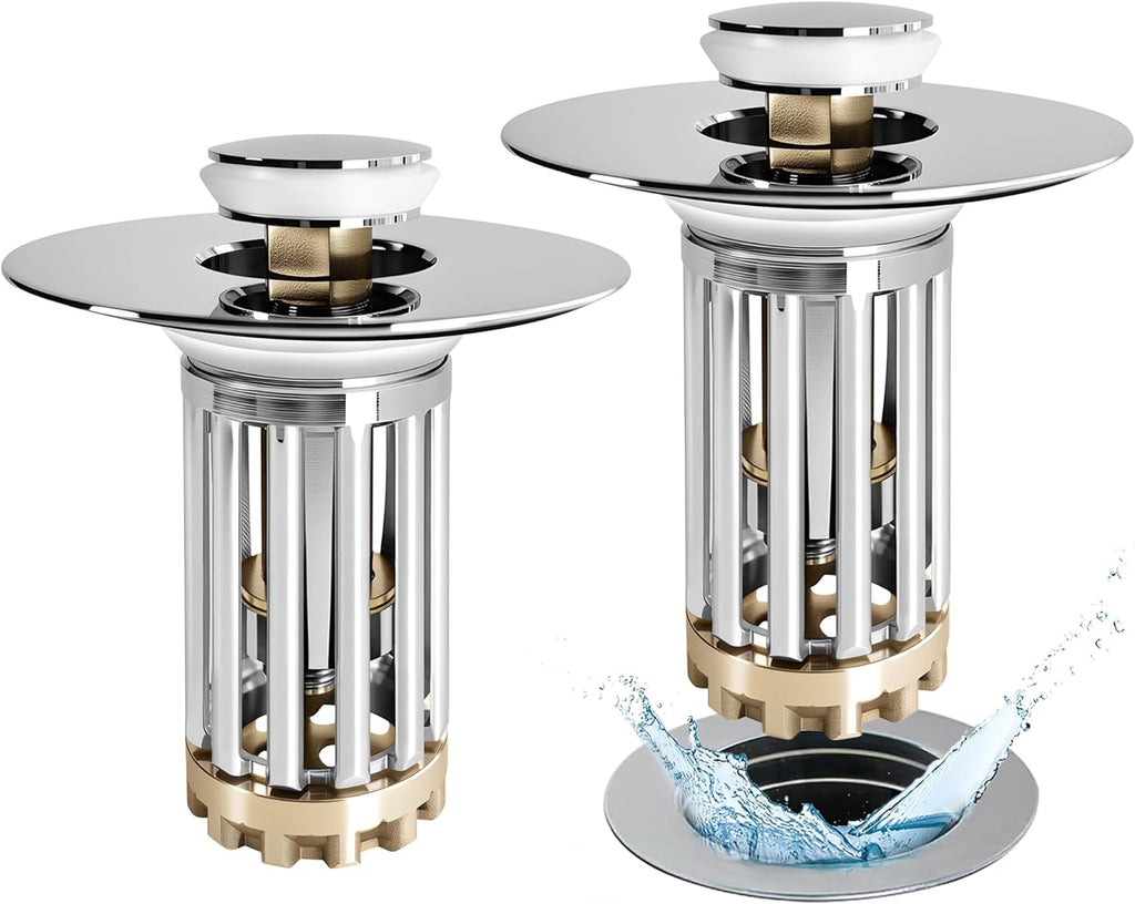 Bathroom Sink Drain Strainer, 2PCS 3 in 1 Pop Up Bathroom Sink Stopper with Removable Brass Basket Hair Catcher, Universal Sink Plug for 1.06 to 1.6in Drain Hole, Chrome Silver