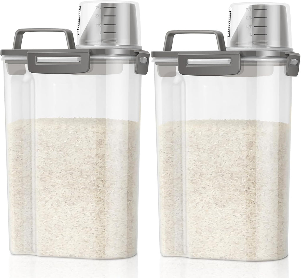 TBMax Rice Container Cereal Storage Container 2 Pack 5 Lbs, Kitchen Pantry Dry Food Storage Holder with Easy-Pouring Spout & Handy Cup, Small Pet Dog Cat Food Dispenser for Daily Feeding -Grey