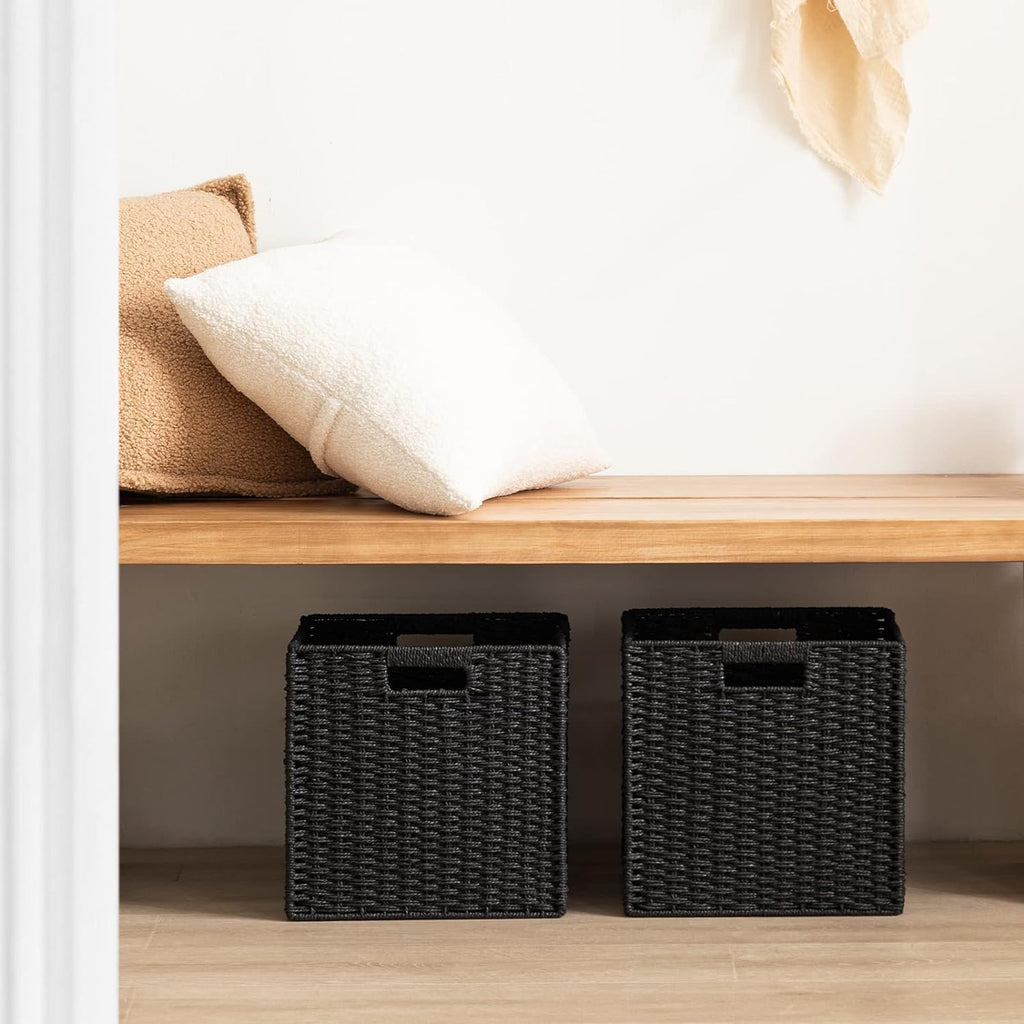 UBBCARE 4 Pack Wicker Basket, 11L×11H×10.5W inch Woven Paper Rope Storage Baskets for shelves, Foldable Cube Storage bin with Handle, Storage Basket for Organizing & Decor, Black