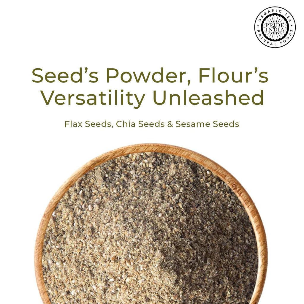 Pride of India- Triple Omega Superseed Flour 1 lbs (454 gm) Nutty Earthy Taste Milled in Small Batches | Chia Flax Sesame Seed mix | Ideal for Muffins Smoothies Oatmeal Pudding | Vegan, Gluten-Free