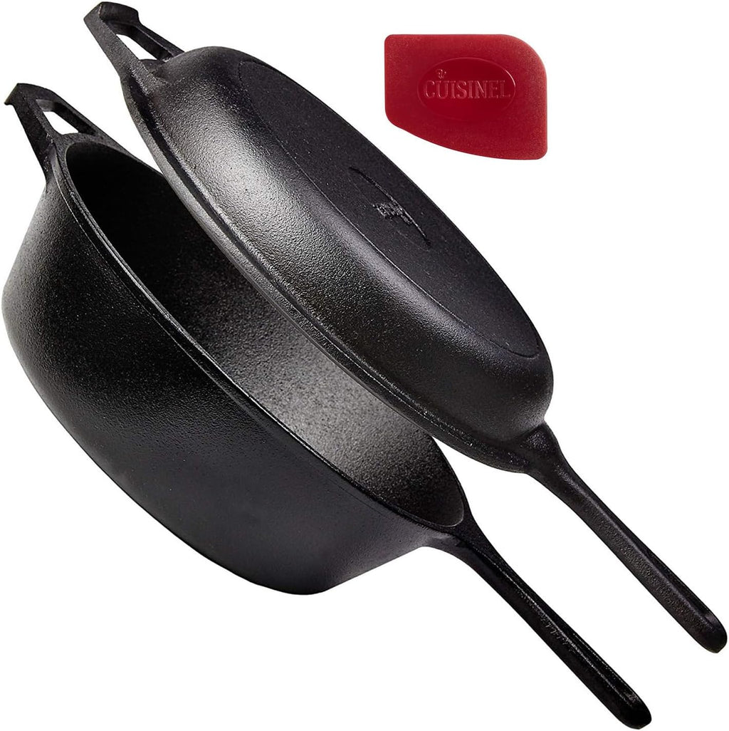 Cuisinel Cast Iron Skillet + Lid - 2-In-1 Multi Cooker - Deep Pot + Frying Pan - 3-Qt Dutch Oven - Pre-Seasoned Oven Cookware - Works for Bread, Indoor/Outdoor, Grill, Stovetop and Induction