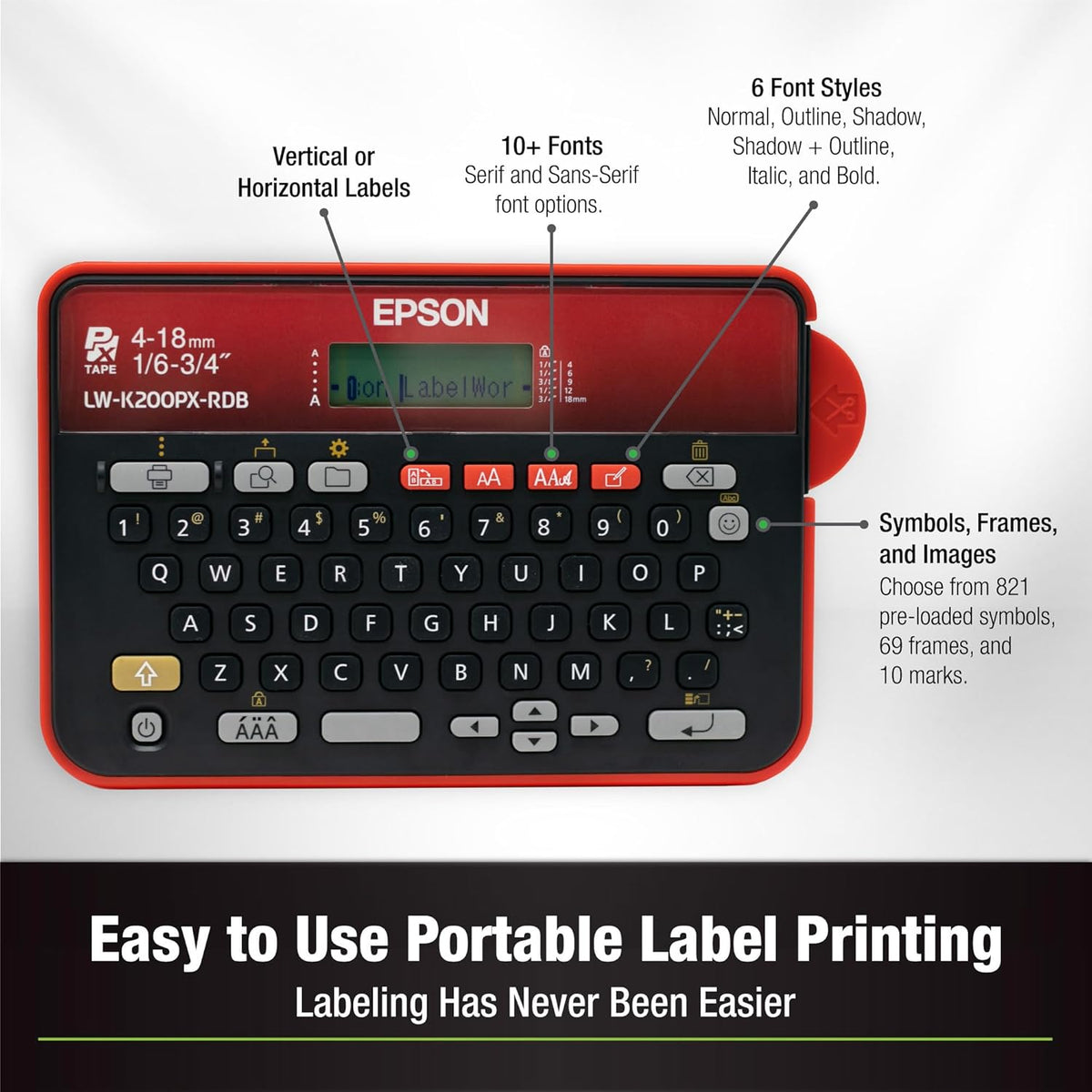 LABELWORKS Epson LW-K200PX-RDB Portable QWERTY Keyboard Label Maker fo ...