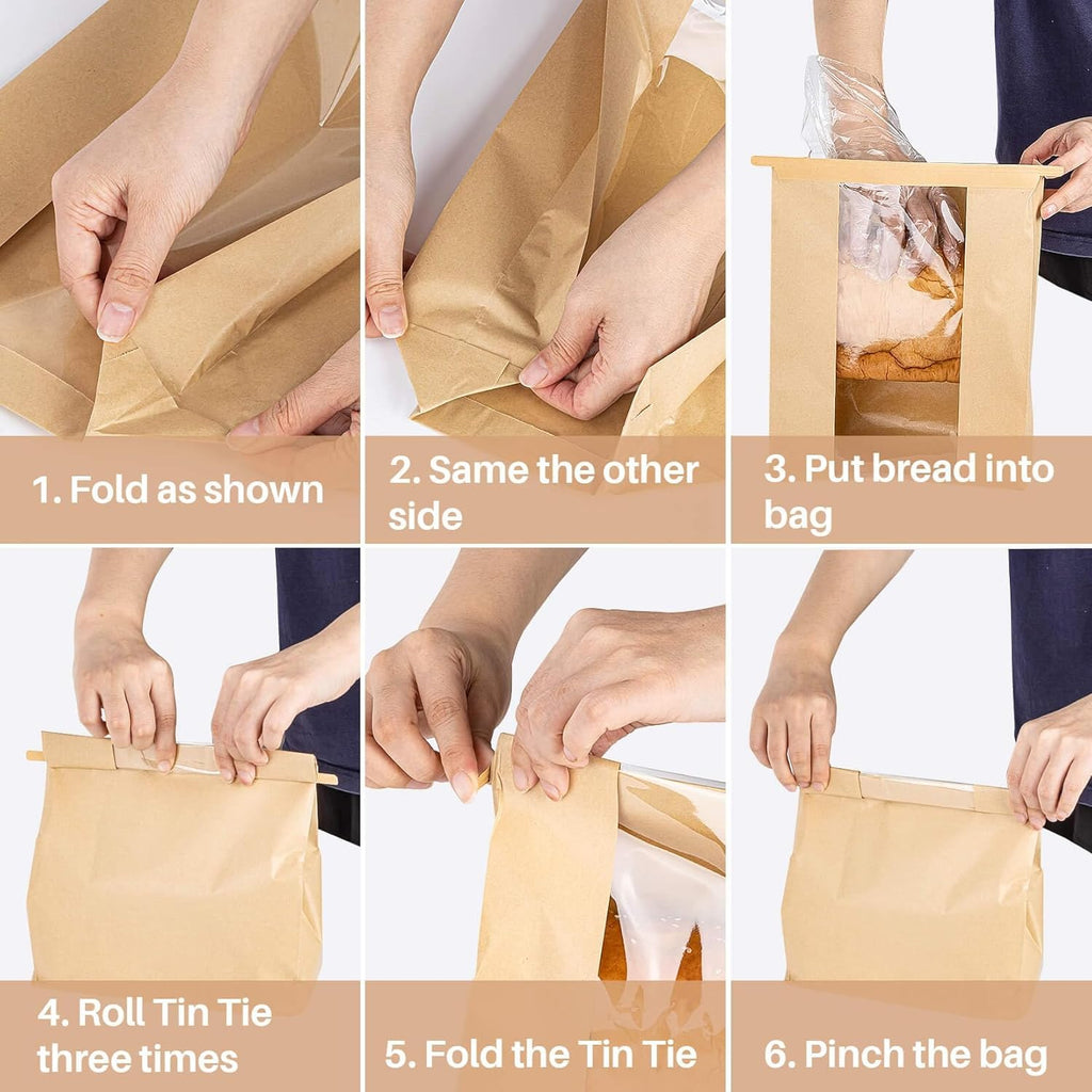 100Pcs Bread Bags with Reusable Ties - Homemade Sourdough Bread Storage Bags Brown Paper Bagel Loaf Bakery Bags with Window Toast Bags with Resealable Tie Disposable Baked Goods Sale Packaging