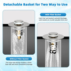 Universal Bathroom Sink Stopper Hair Catcher Upgraded with 2-Layer Detachable Filter Basket, 4 in 1 Pop Up Drain Strainer, Anti-Clog, Odor-Block, Fit for 1.1''~2.36'' Sinks, Brushed Nickel