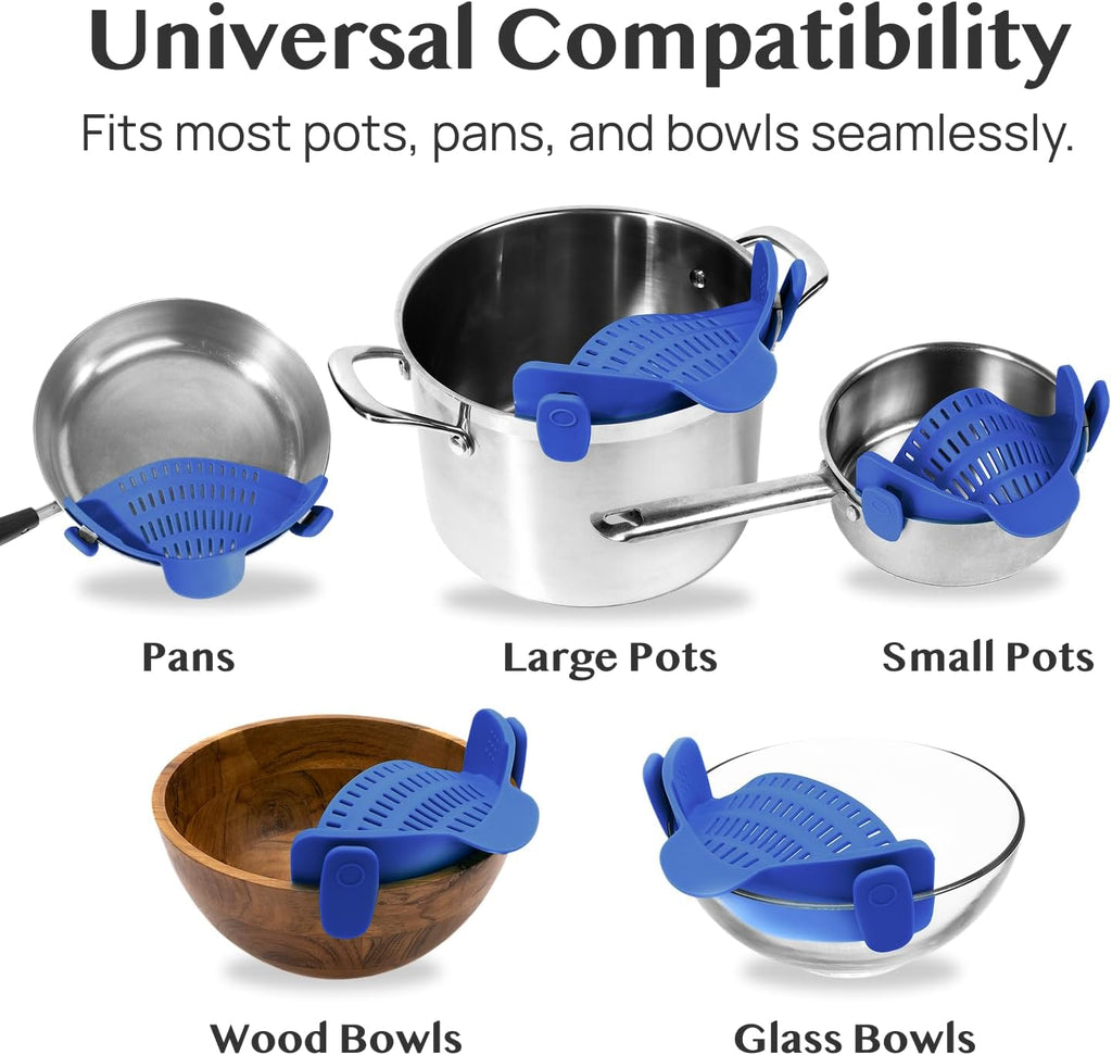 Kitchen Gizmo Snap N' Strain - Silicone Clip-On Strainer for Pots, Pans, and Bowls - Heat-Resistant Kitchen Gadgets, Essential Colander Drainer for Vegetables and Pasta - 7.87x2.76x4.53-Inch (Blue)
