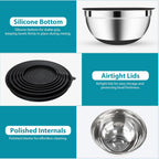 20-Piece Mixing Bowls Set with Airtight Lids – 6 Stainless Steel Kitchen Bowls (4.5QT, 4QT, 3.5QT, 2.1QT, 1.5QT, 1.1QT), 3 Grater Attachments, Non-Slip Silicone Bottoms, Perfect for Baking & Serving