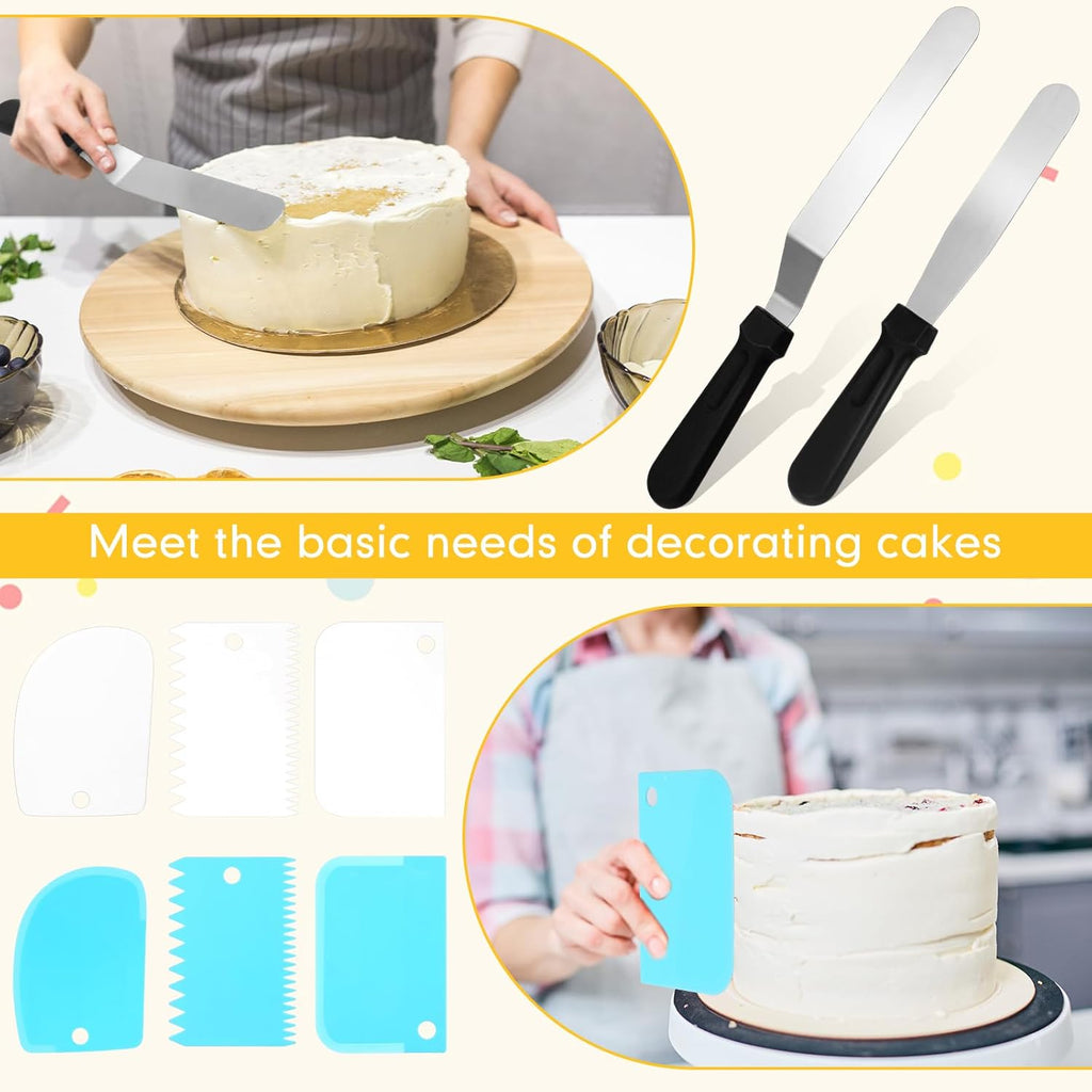 Nuogo 154 Pcs Aluminum Cake Decorating Tools Kit with 12 Inch Aluminum Cake Turntable, Cake Decorating Gun with 6 Heads, 34 Pcs Cake Decorating Set, 11 Cream Spatula Set, 100 Cream Piping Bag