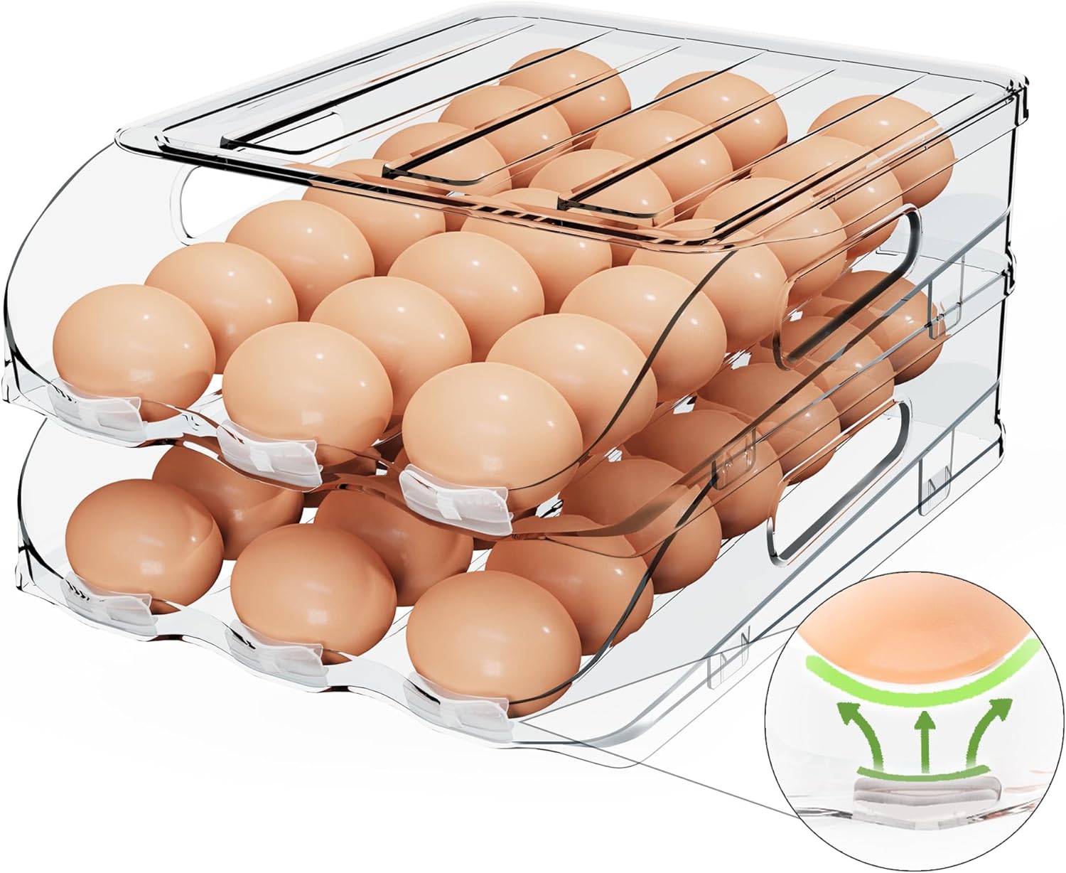 Egg Holder for Fridge, Automatic Steady Rolling Egg Dispenser with Silicone Bumpers & Handle for Refrigerator, Large Capacity Egg Organizer with Lid