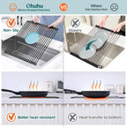 Ohuhu Over The Sink Dish Drainer Drying Rack, 17.6" W x 15.4" L Roll Up Dish Racks Kitchen Sink Organizer Silicone Wrapped Large in Sink Dish Drying Rack Foldable Rolling Drain Mats Anti-Slip